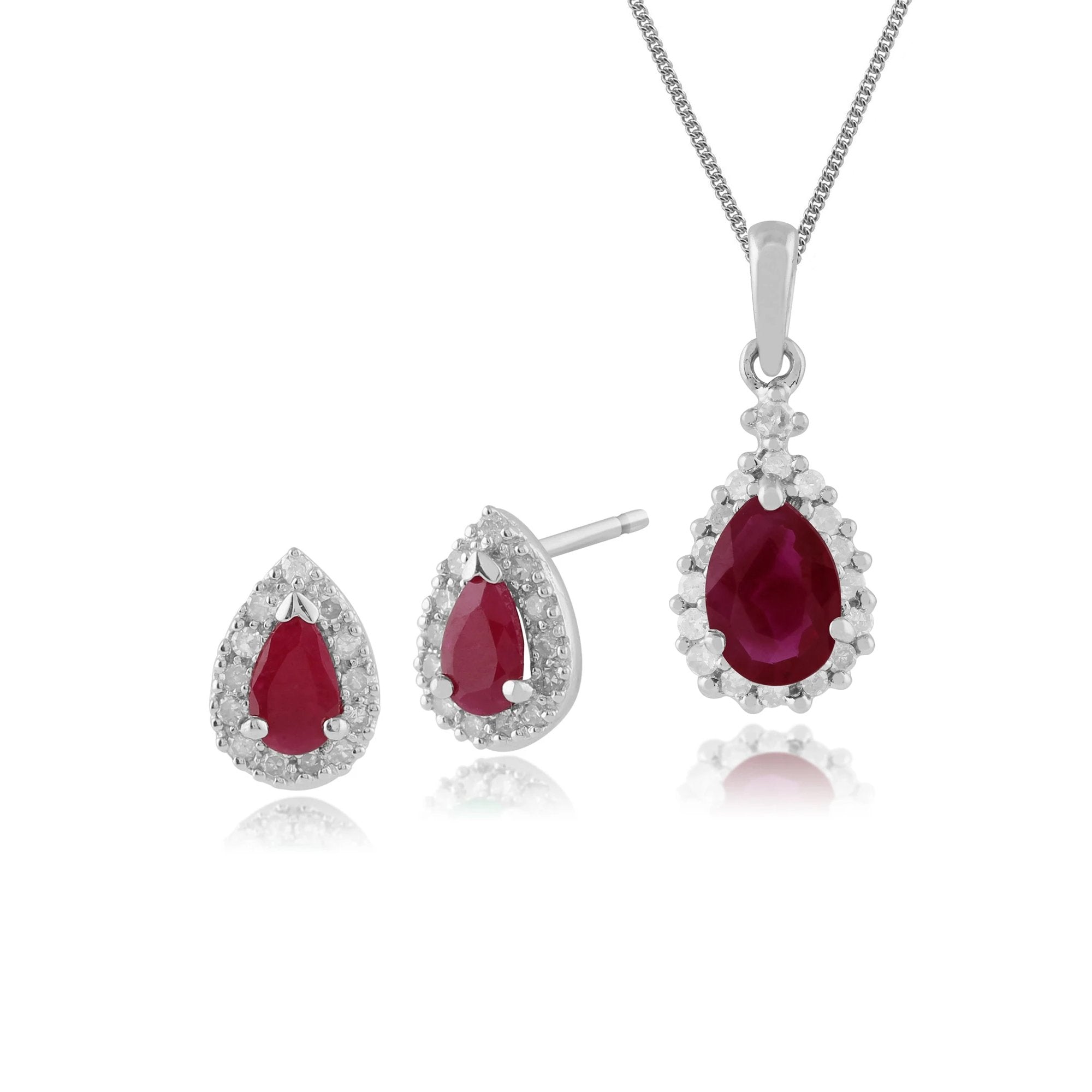 Classic Pear Ruby & Diamond Halo Stud Earrings & Pendant Set in 9ct White Gold