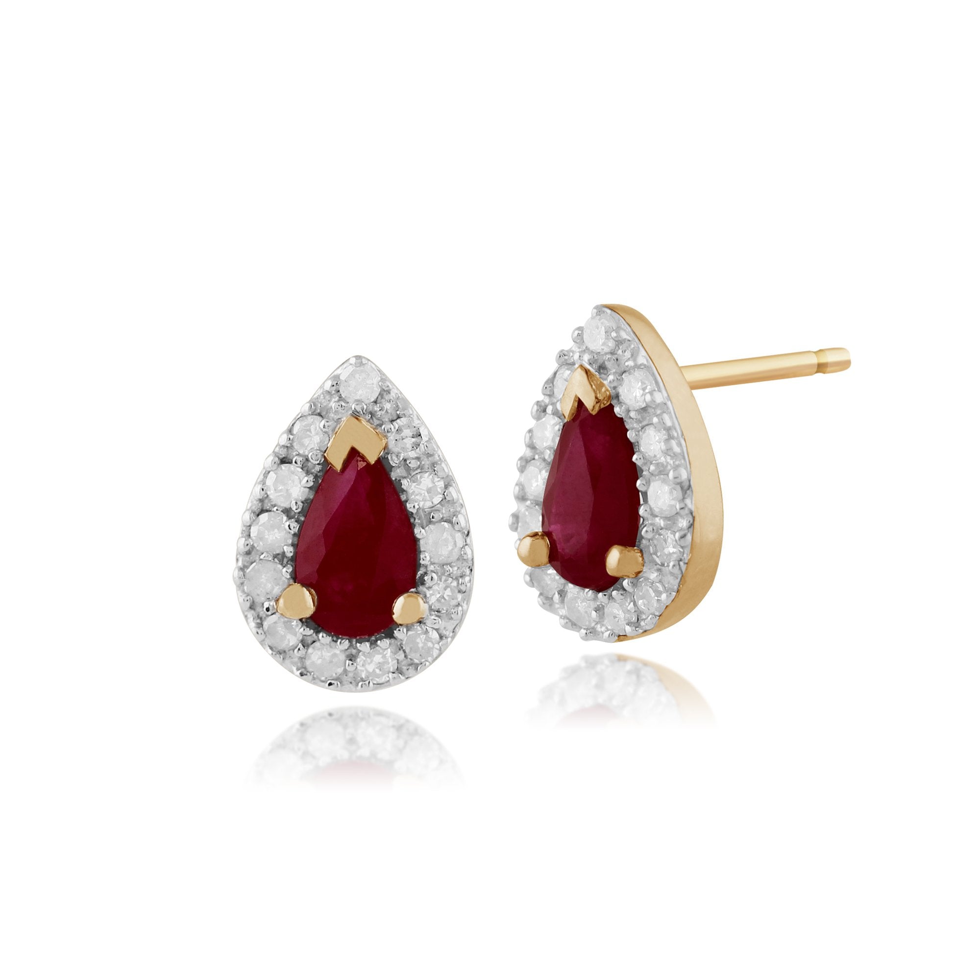 Classic Pear Ruby & Diamond Cluster Stud Earrings in 9ct Yellow Gold
