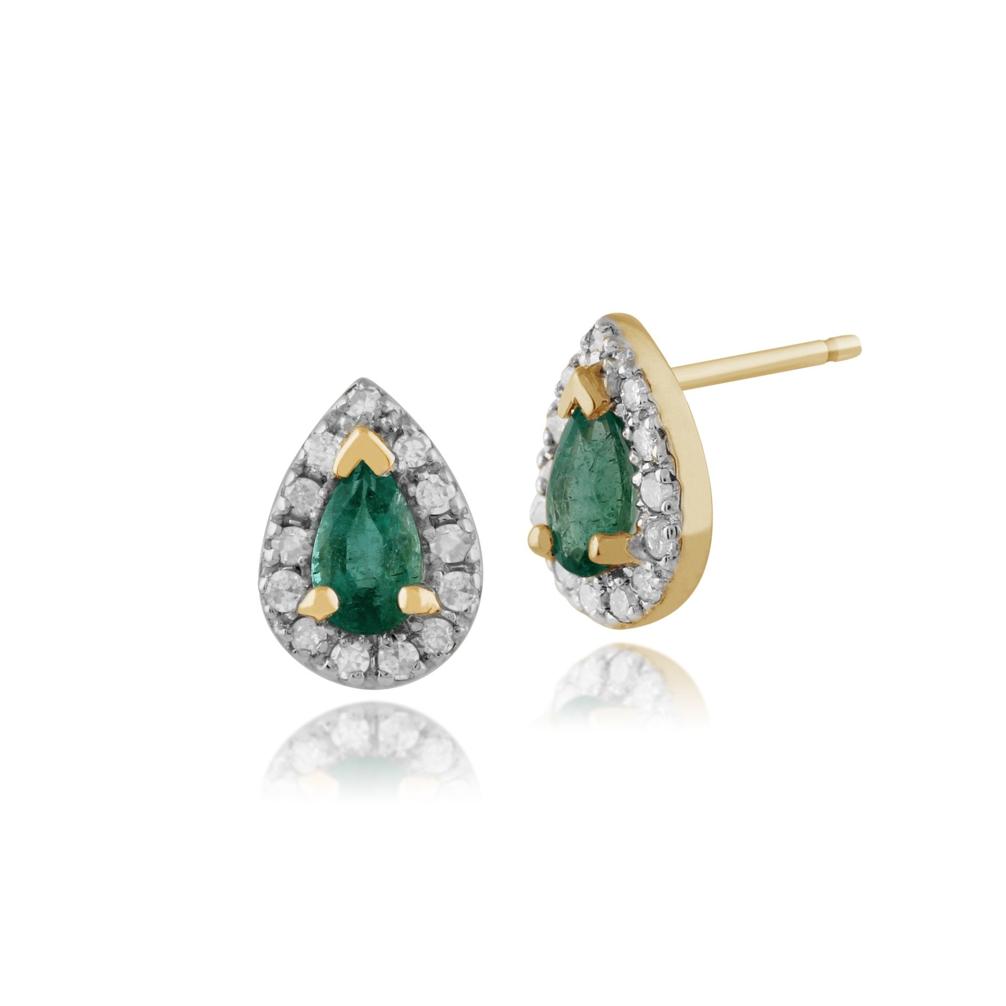 Classic Pear Emerald & Diamond Cluster Stud Earrings in 9ct Yellow Gold