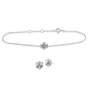Bracciale e orecchini a bottone con margherita in stile floreale rotondo con peridoto in argento 925