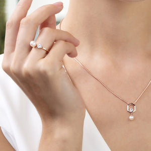 Modern Pearl & White Topaz Hexagon Drop Necklace in Rose Gold Plated Sterling Silver