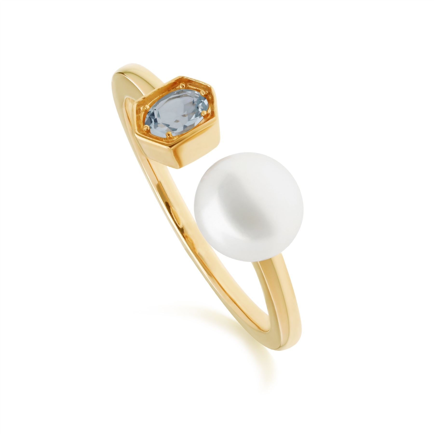 Modern Pearl & Blue Topaz Open Ring in Gold Plated Sterling Silver