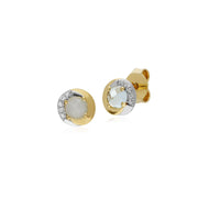Orecchini a bottone bicolore in oro giallo da 9 ct con topazio azzurro e diamanti