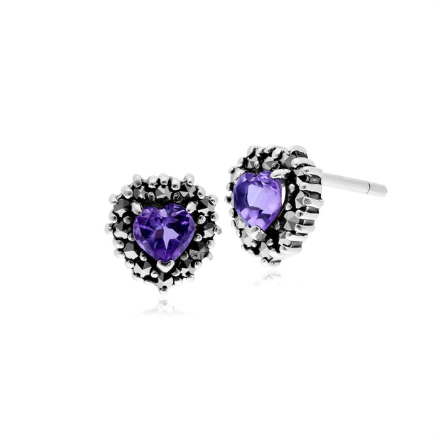 Orecchini classici a forma di cuore in argento 925 con ametista e marcasite Halo
