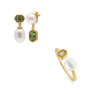 Modern Pearl & Peridot Earring & Ring Set in Gold Plated Sterling Silver