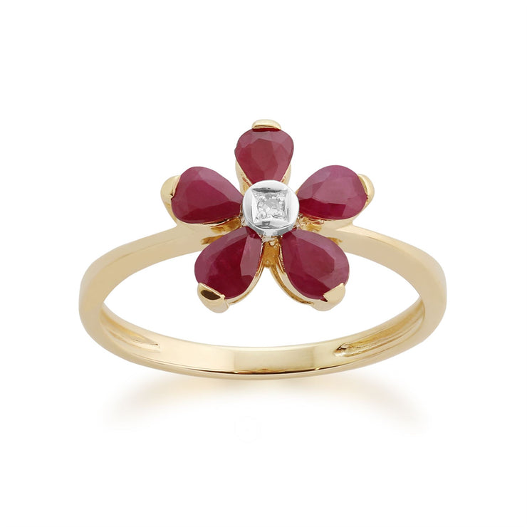 Anello floreale in oro giallo 375 con rubini e diamanti