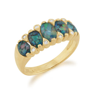 Classic Oval Triplet Opal & Diamond Five Stone Ring in 9ct Yellow Gold