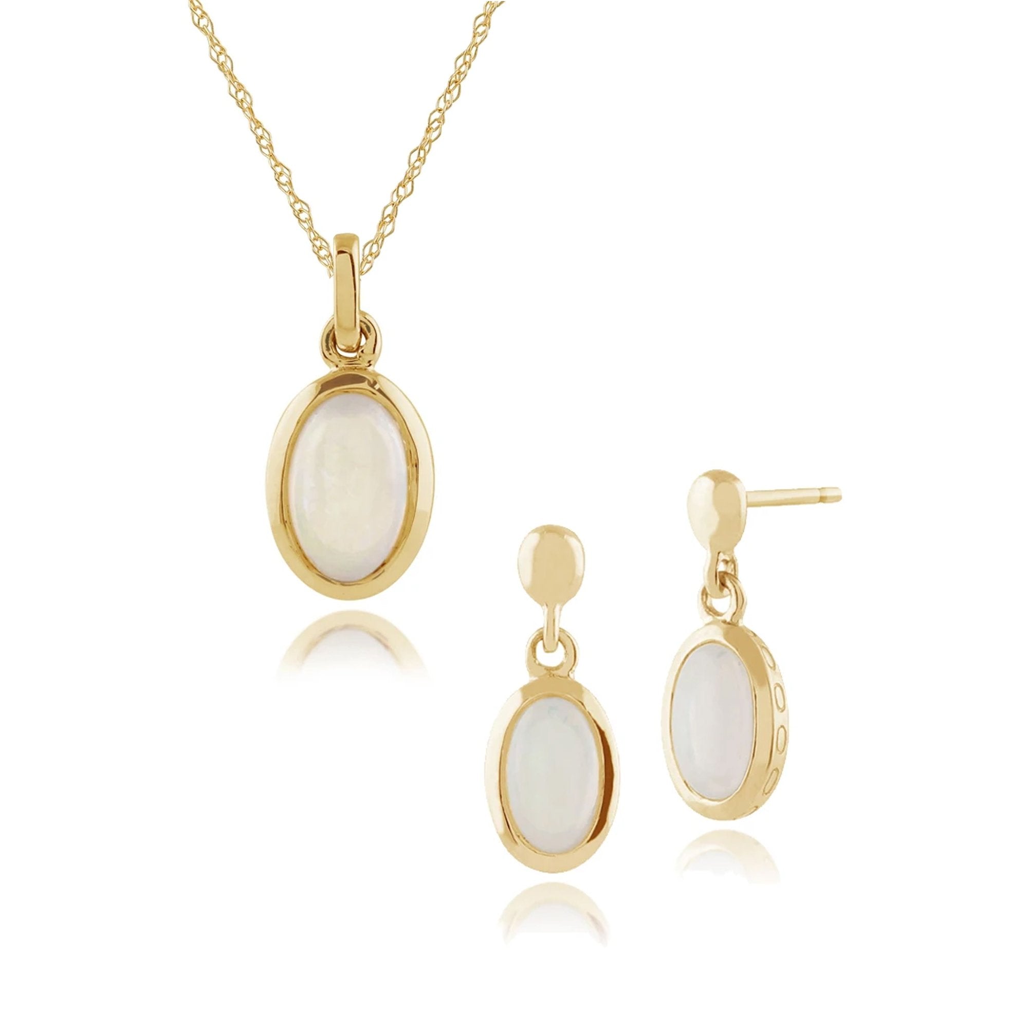 Classic Oval Opal Single Stone Bezel Drop Earrings & Pendant Set in 9ct Yellow Gold