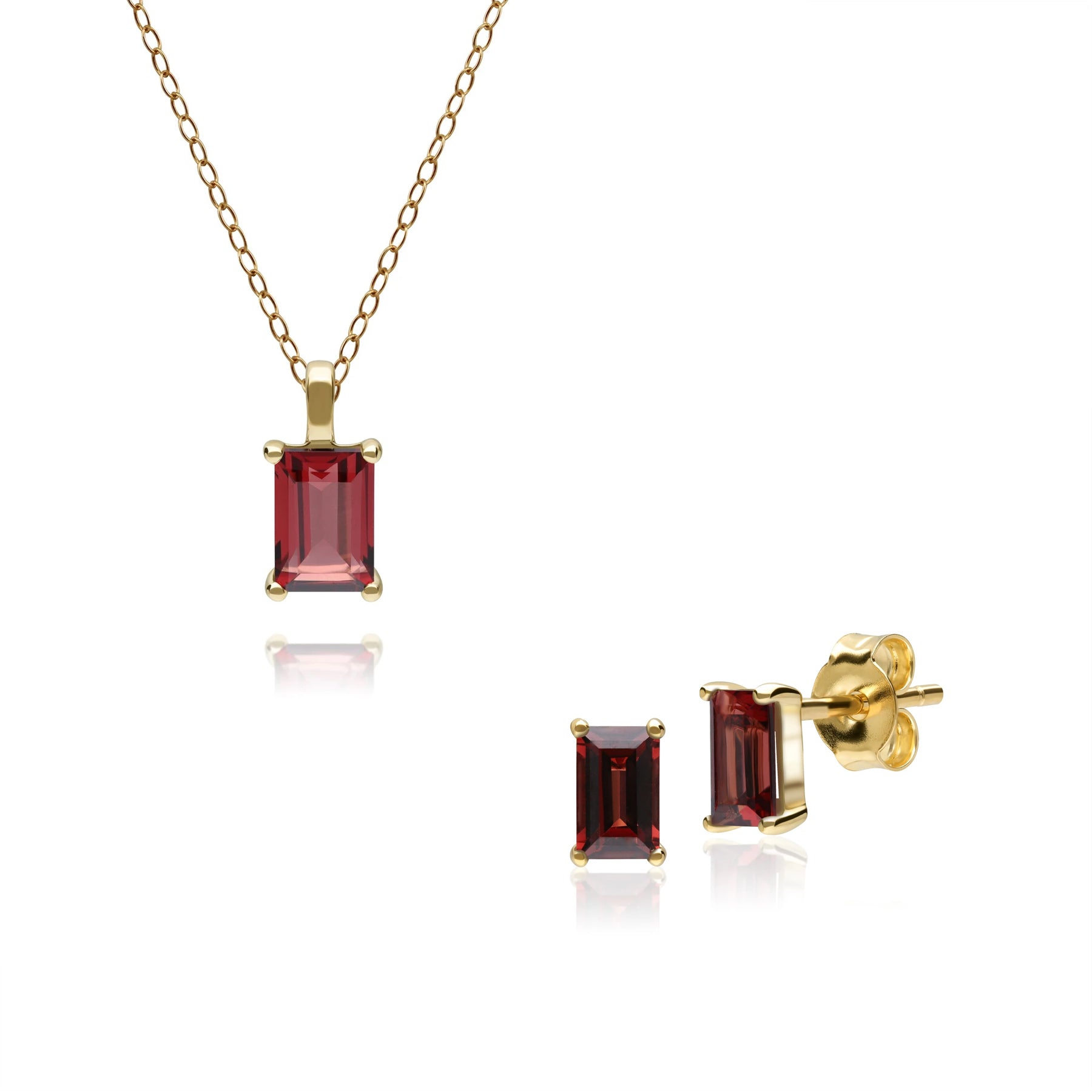 assic Round Garnet Single Stone Baguette Stud Earrings & Necklace Set in 9ct Yellow Gold