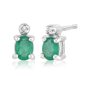 Classic Oval Emerald & Diamond Stud Earrings in 9ct White Gold