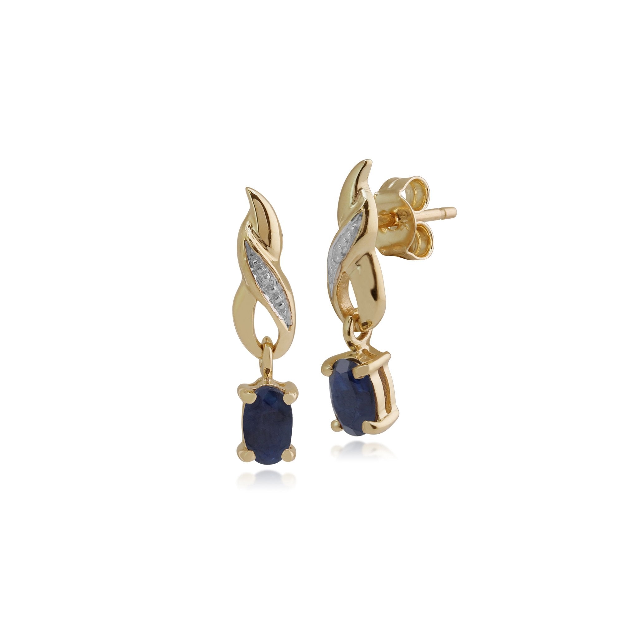Art Nouveau Oval Sapphire & Diamond Drop Earrings in 9ct Yellow Gold