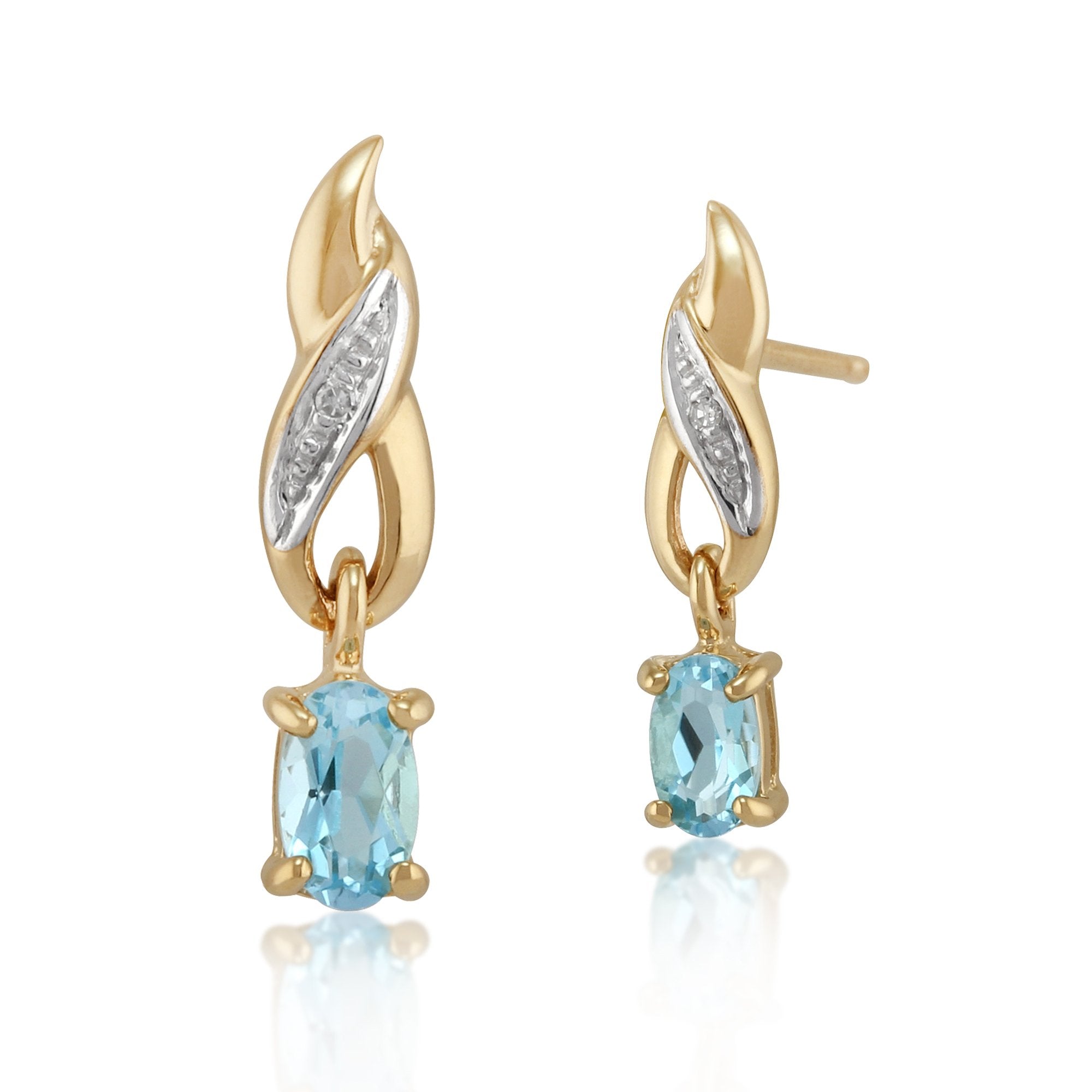 Classic Oval Blue Topaz & Diamond Twisted Drop Earrings in 9ct Yellow Gold