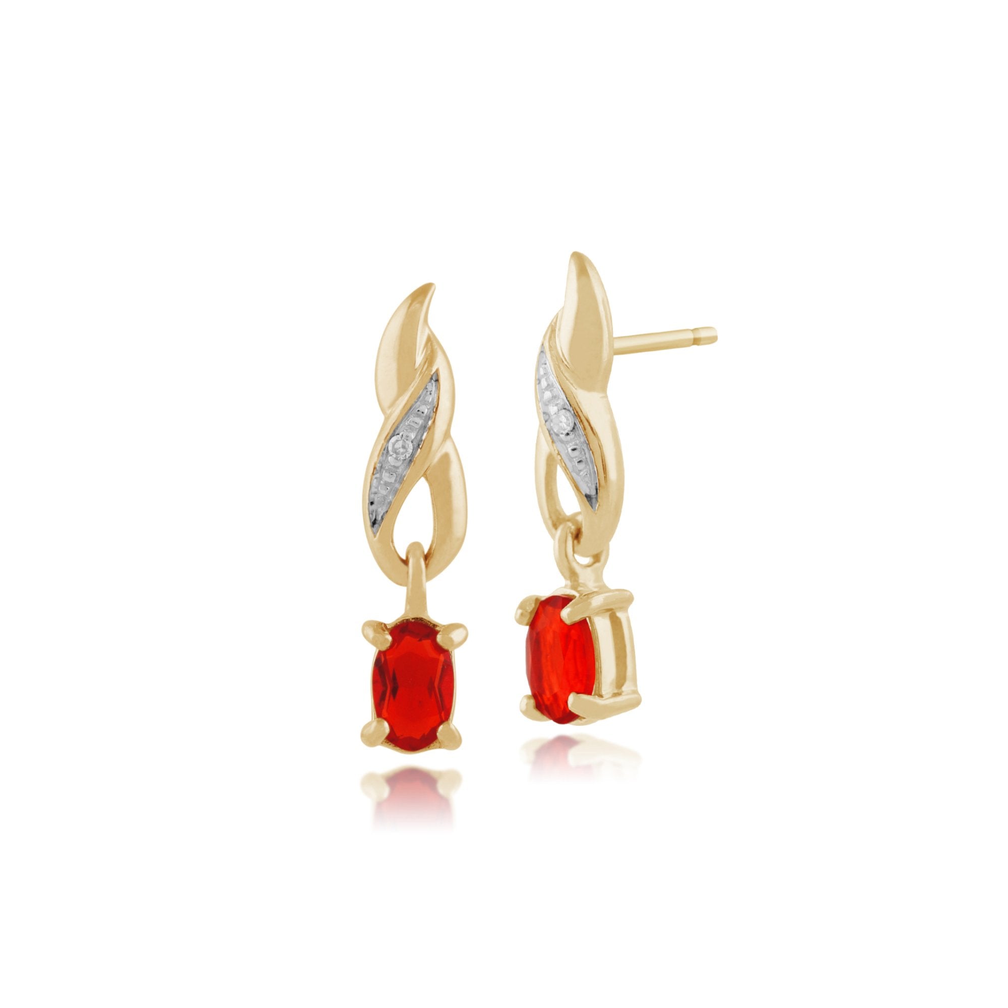 Classic Oval Fire Opal & Diamond Drop Earrings in 9ct Yellow Gold
