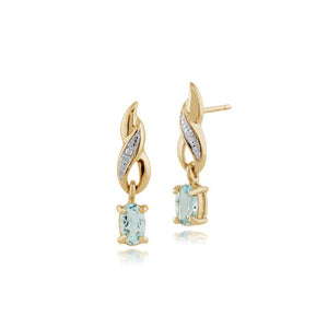 Classic Oval Aquamarine & Diamond Drop Earrings in 9ct Yellow Gold