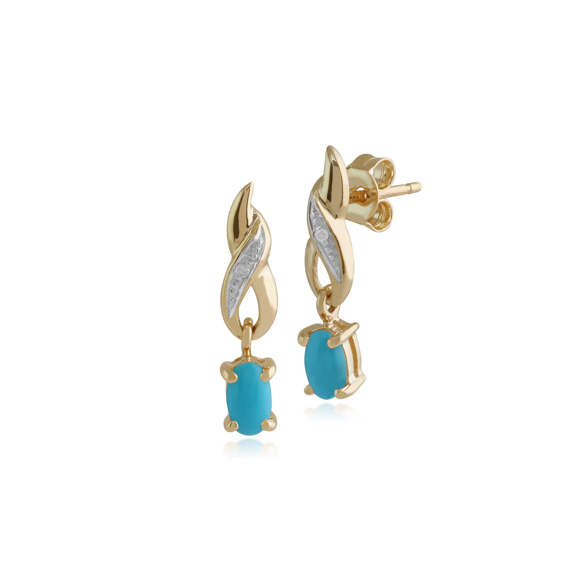 Classic Oval Turquoise & Diamond Twist Drop Earrings in 9ct Yellow Gold