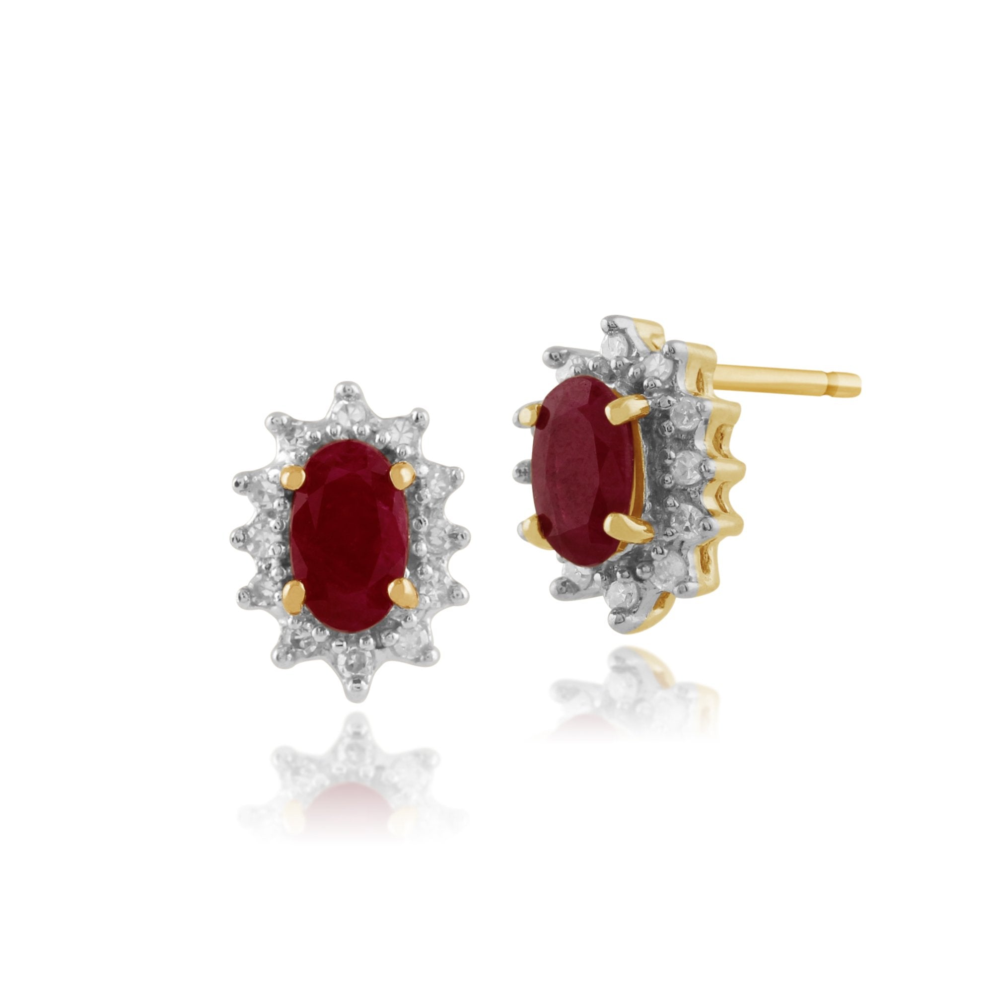 Classic Oval Ruby & Diamond Cluster Stud Earrings in 9ct Yellow Gold