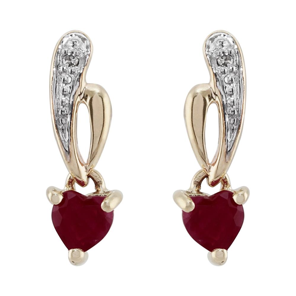 Art Nouveau Style Heart Ruby & Diamond Drop Earrings in 9ct Yellow Gold