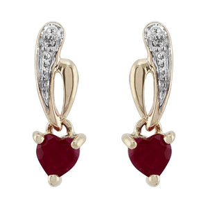 Art Nouveau Style Heart Ruby & Diamond Drop Earrings in 9ct Yellow Gold