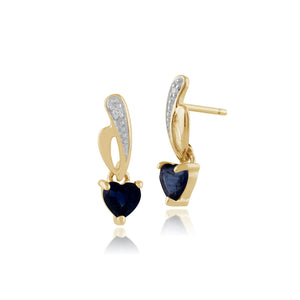 Classic Heart Light Blue Sapphire & Diamond Drop Earrings in 9ct Yellow Gold