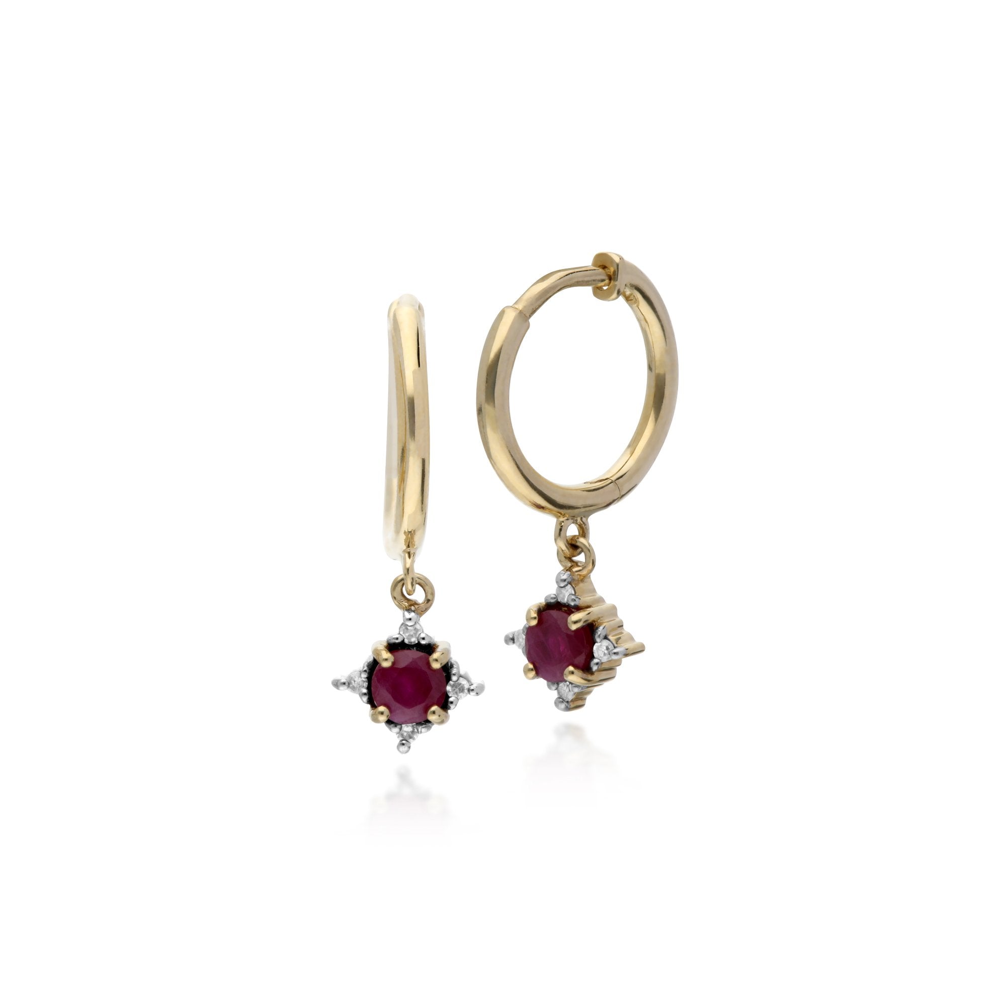 Classic Round Ruby & Diamond Hinged Hoop Earrings in 9ct Yellow Gold
