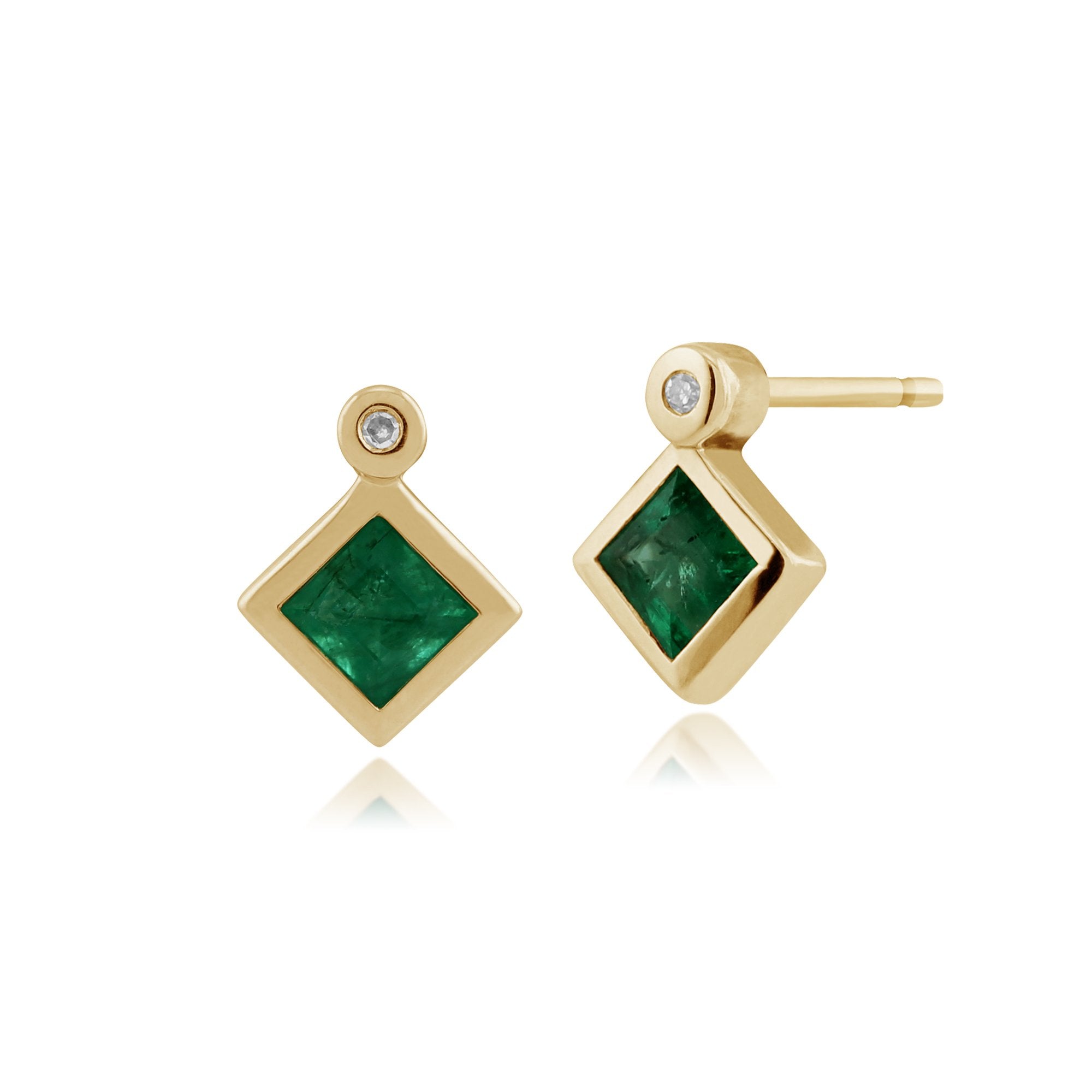Classic Square Emerald & Diamond Bezel Set Stud Earrings in 9ct Yellow Gold