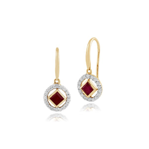 Classic Square Ruby & Diamond Halo Drop Earrings in 9ct Yellow Gold