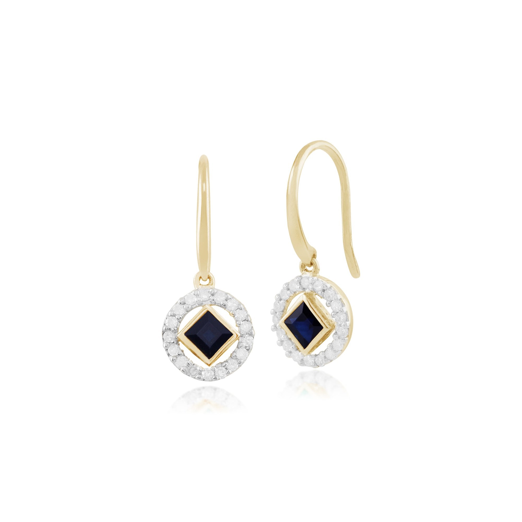 Classic Square Sapphire & Diamond Halo Drop Earrings in 9ct Yellow Gold