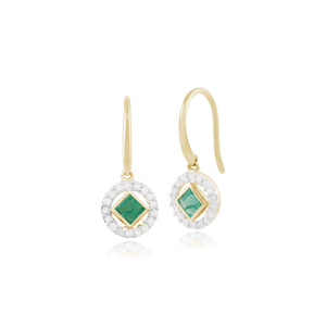 Classic Square Emerald & Diamond Halo Drop Earrings in 9ct Yellow Gold