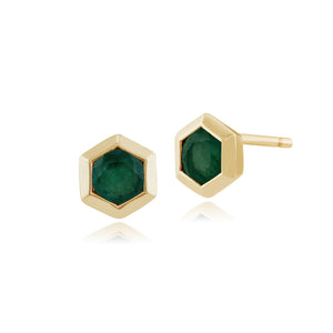 Geometric Hexagon Emerald Stud Earrings in 9ct Yellow Gold
