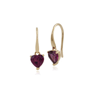 Classic Heart Rhodolite Garnet Claw Set Heart Drop Earrings in 9ct Yellow Gold