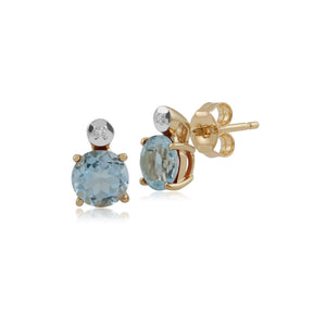 Classic Round Blue Topaz & Diamond Stud Earrings in 9ct Yellow Gold