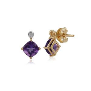 Classic Square Amethyst & Diamond Stud Earrings in 9ct Yellow Gold