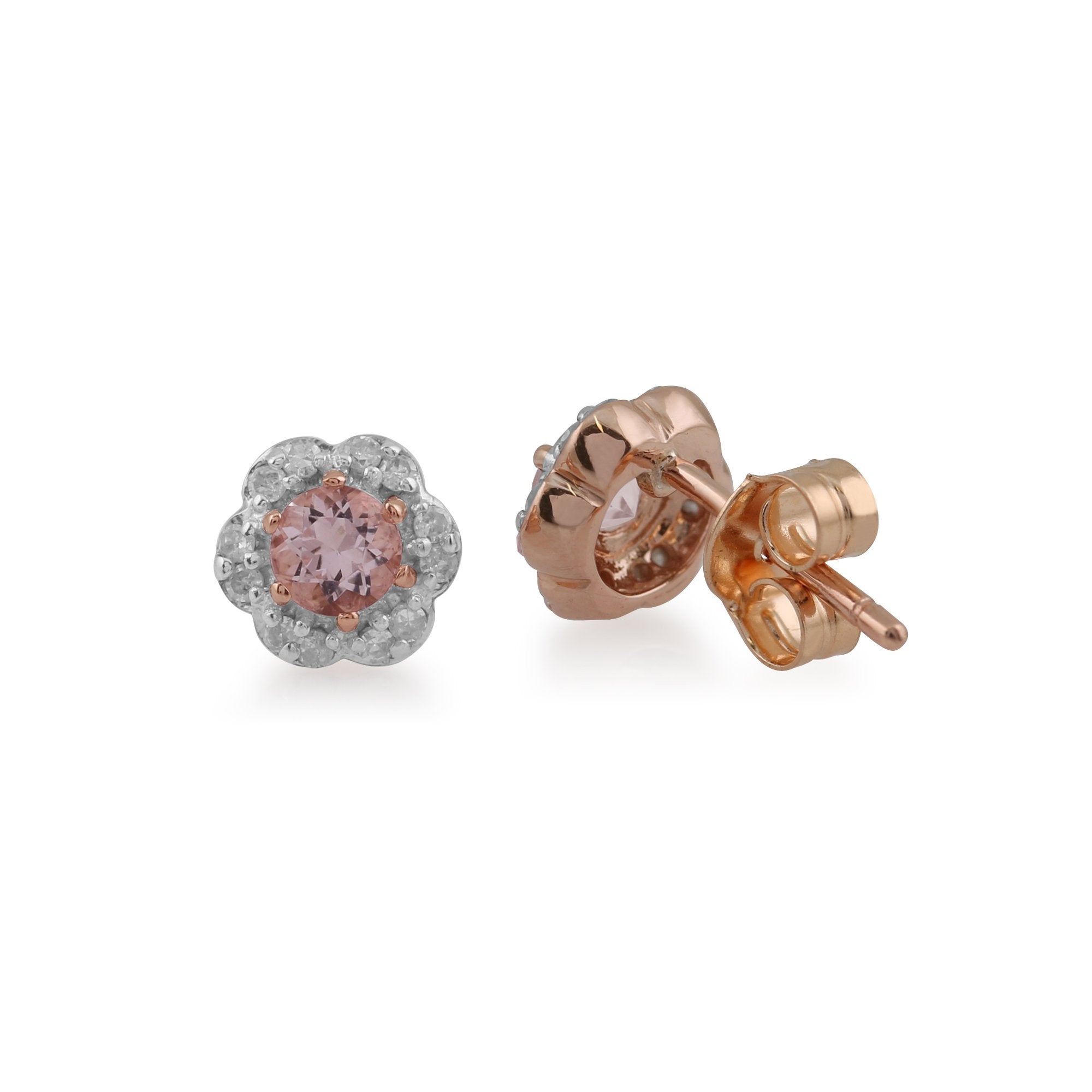 Floral Round Morganite & Diamond Halo Stud Earrings in 9ct Rose Gold