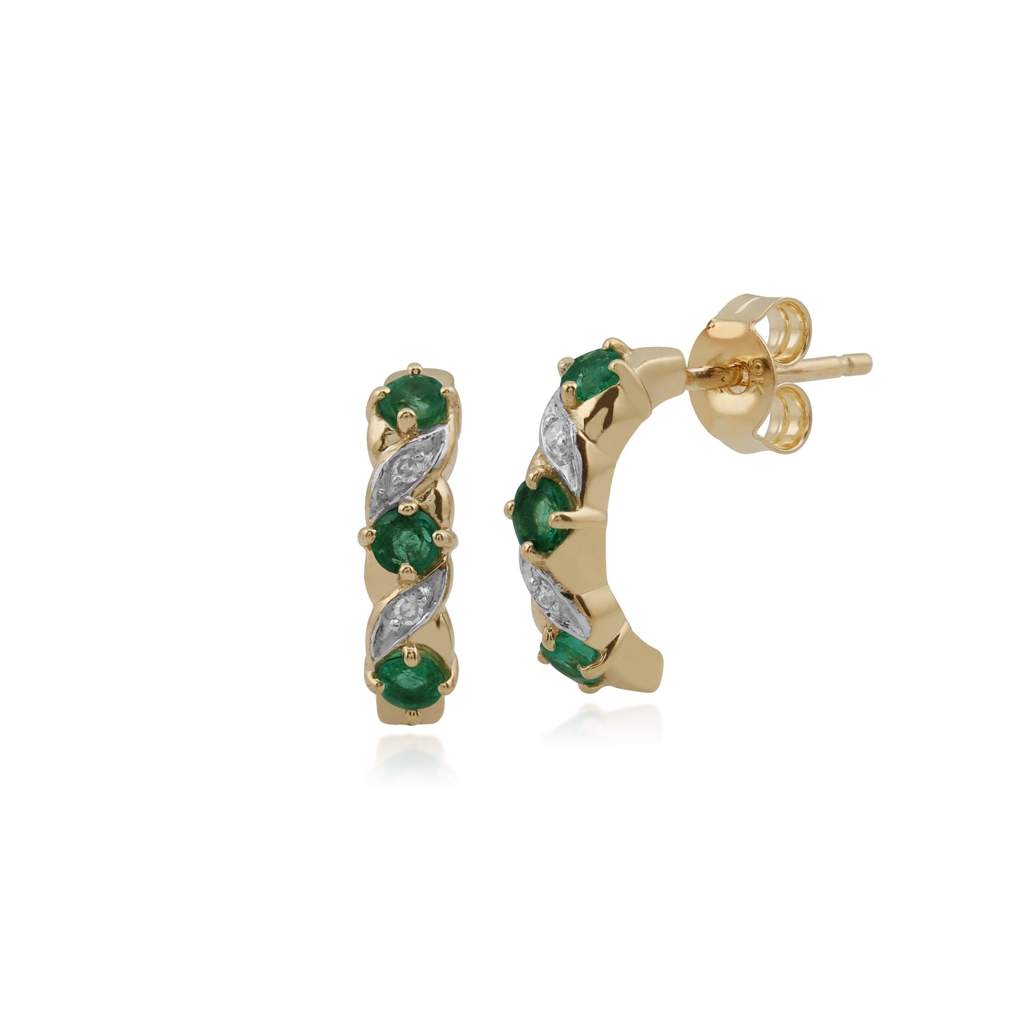 Classic Round Emerald & Diamond Half Hoop Earrings in 9ct Yellow Gold