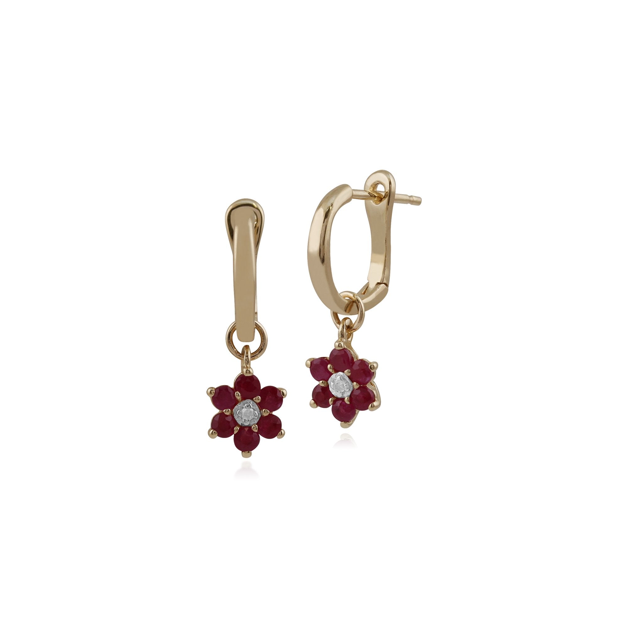 Floral Round Ruby & Diamond Omega Clip Hoop Earrings in 9ct Yellow Gold