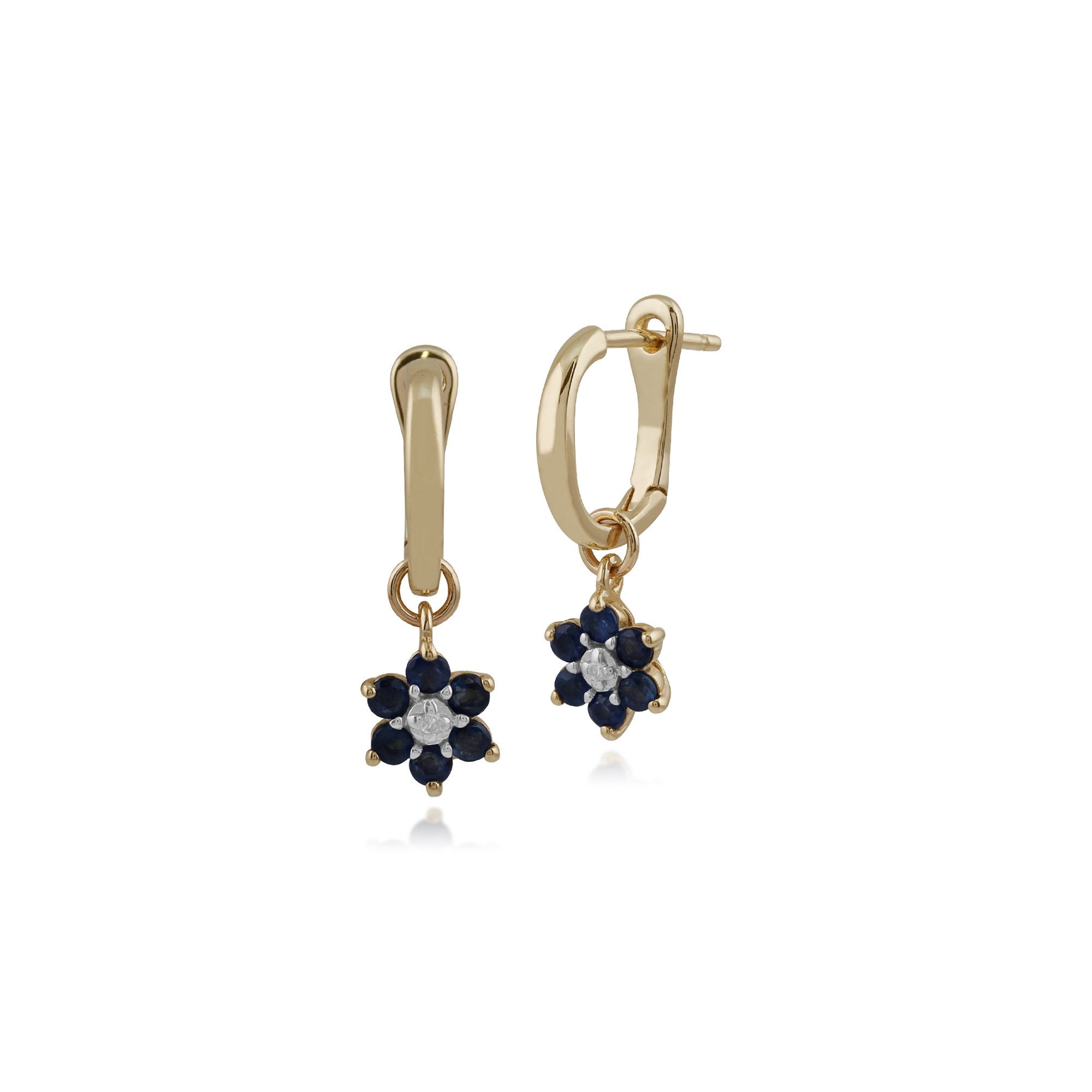 Floral Round Sapphire & Diamond Omega Clip Hoop Earrings in 9ct Yellow Gold