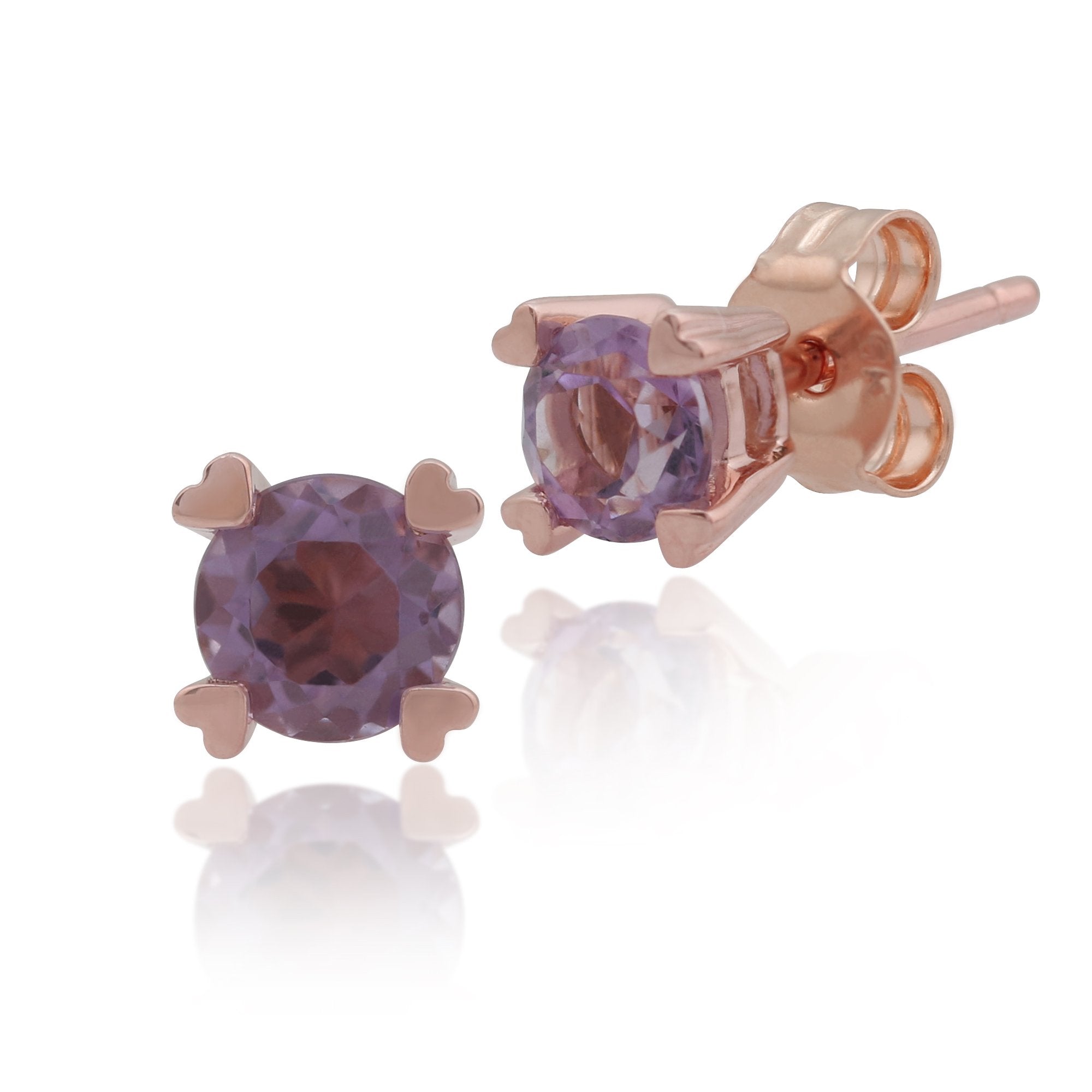 Classic Round Amethyst Heart Claw Set Stud Earrings in 9ct Rose Gold