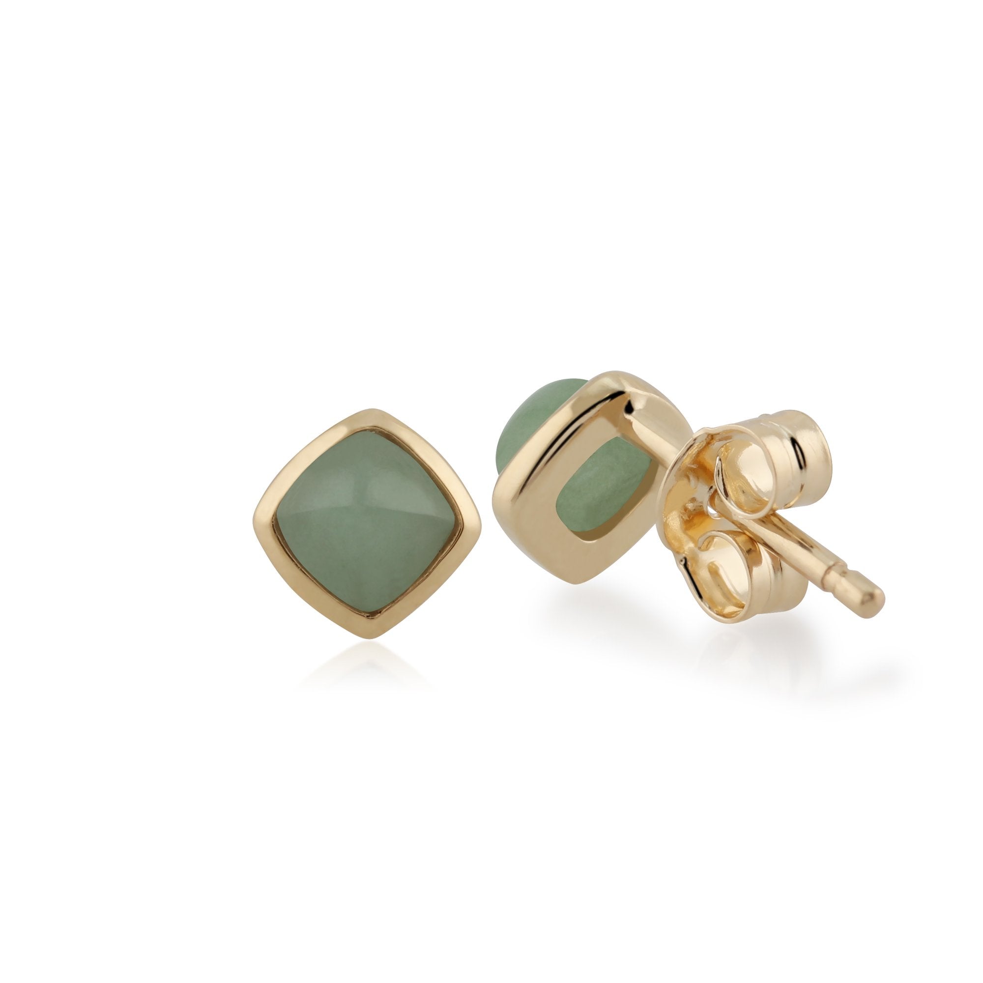 Classic Cushion Green Jade Bezel Set Stud Earrings in 9ct Yellow Gold