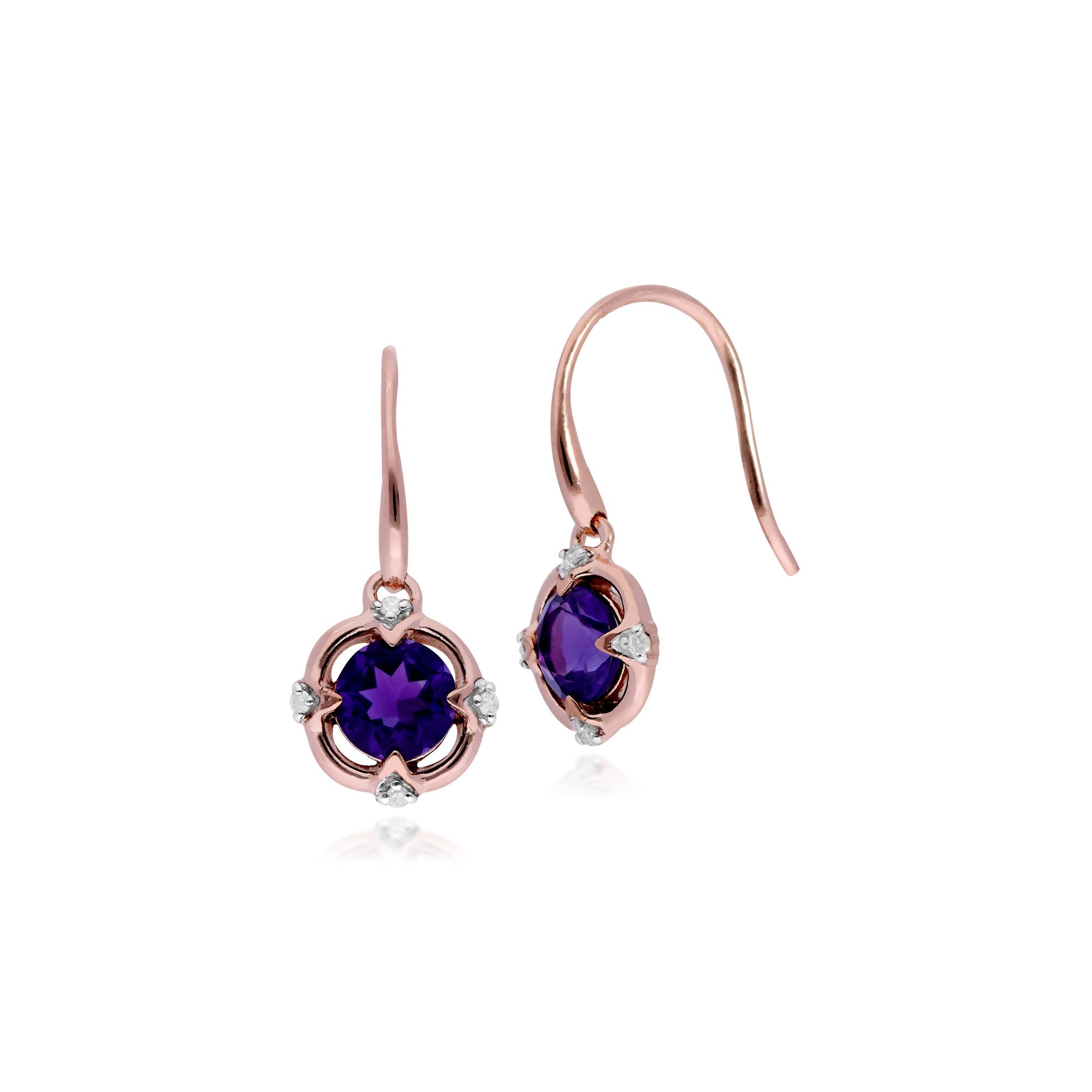 Classic Round Amethyst & Diamond Quarterfoil Drop Earrings in 9ct Rose Gold