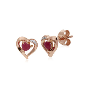 Classic Heart Ruby & Diamond Love Heart Stud Earrings in 9ct Rose Gold