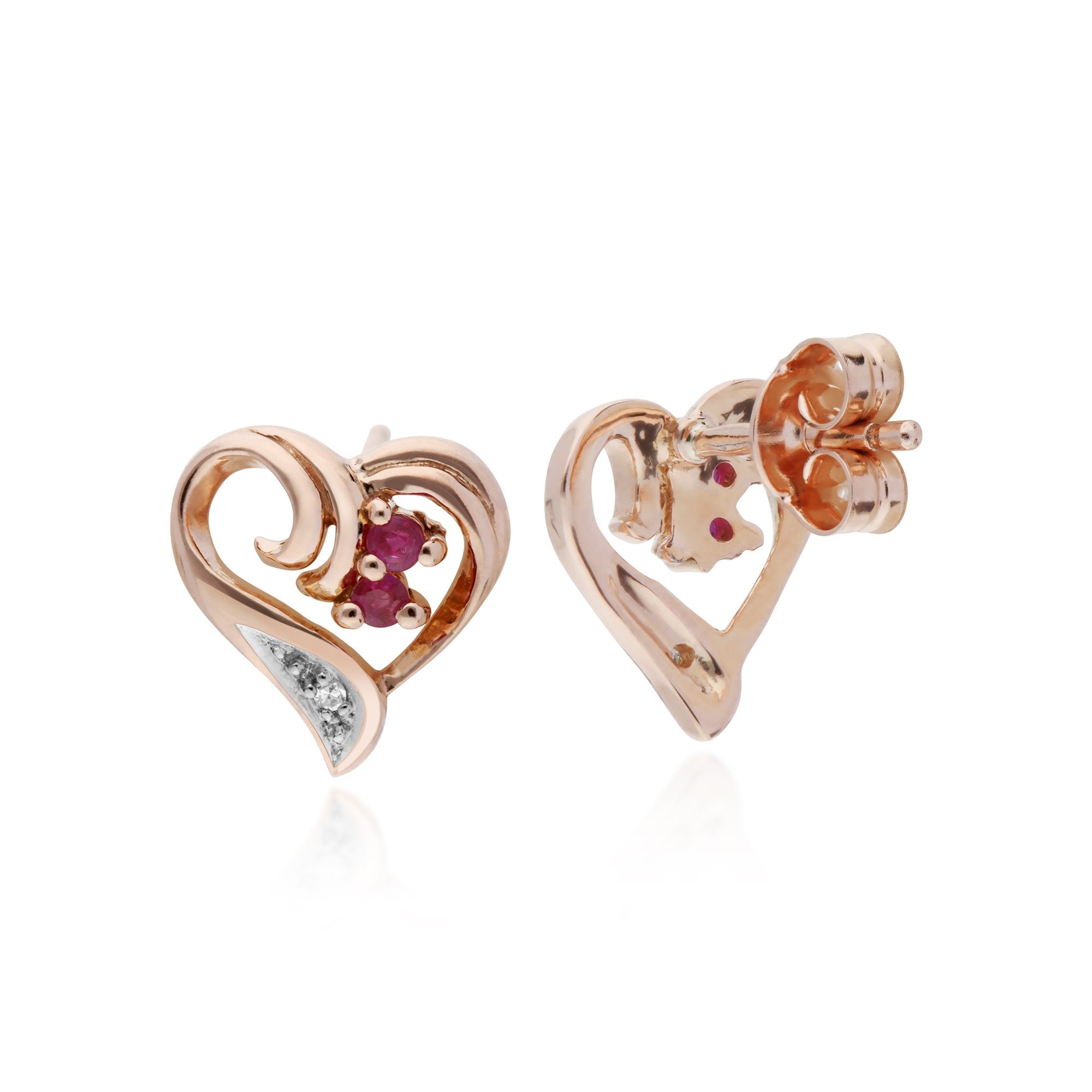 Classic Round Ruby & Diamond Fancy Swirl Heart Stud Earrings in 9ct Rose Gold