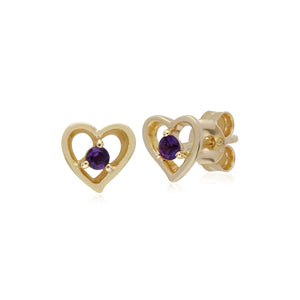 Classic Single Stone Round Amethyst Open Love Heart Stud Earrings in 9ct Yellow Gold