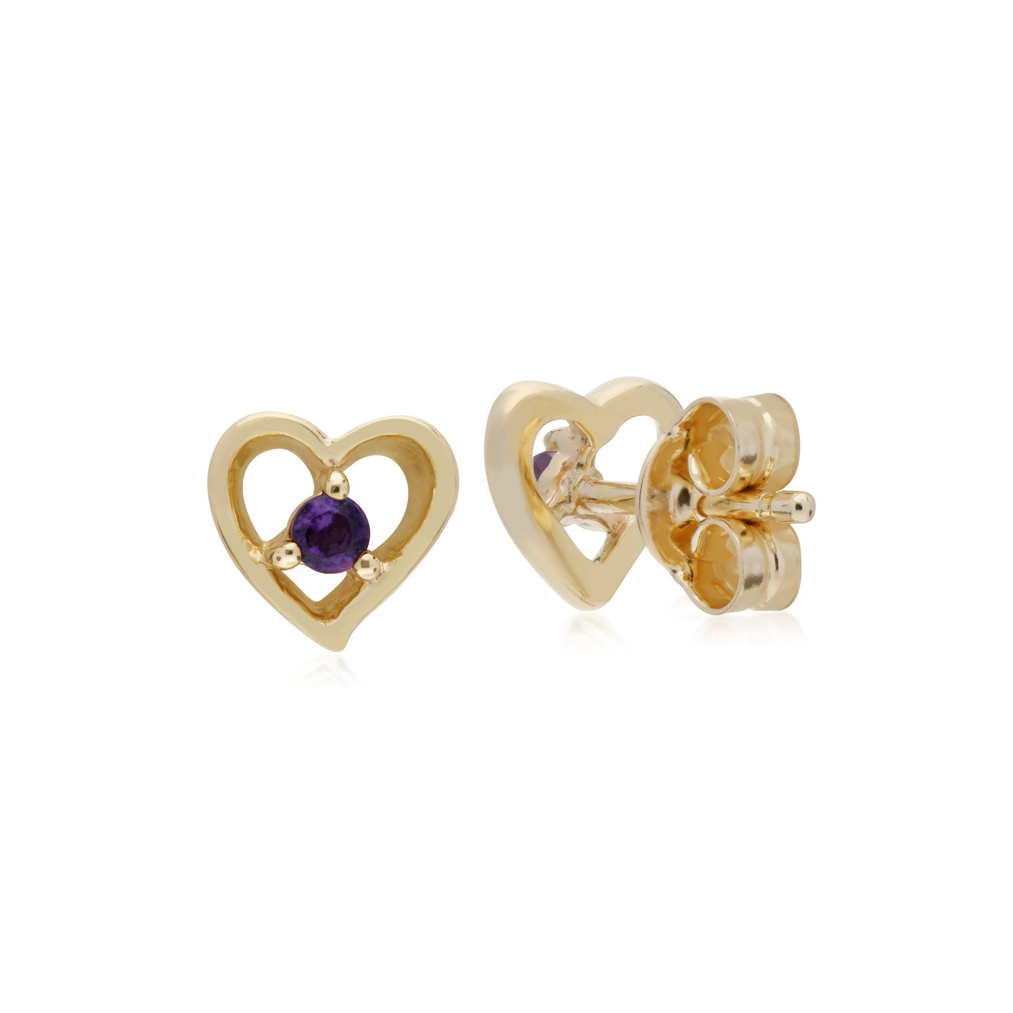 Classic Single Stone Round Amethyst Open Love Heart Stud Earrings in 9ct Yellow Gold