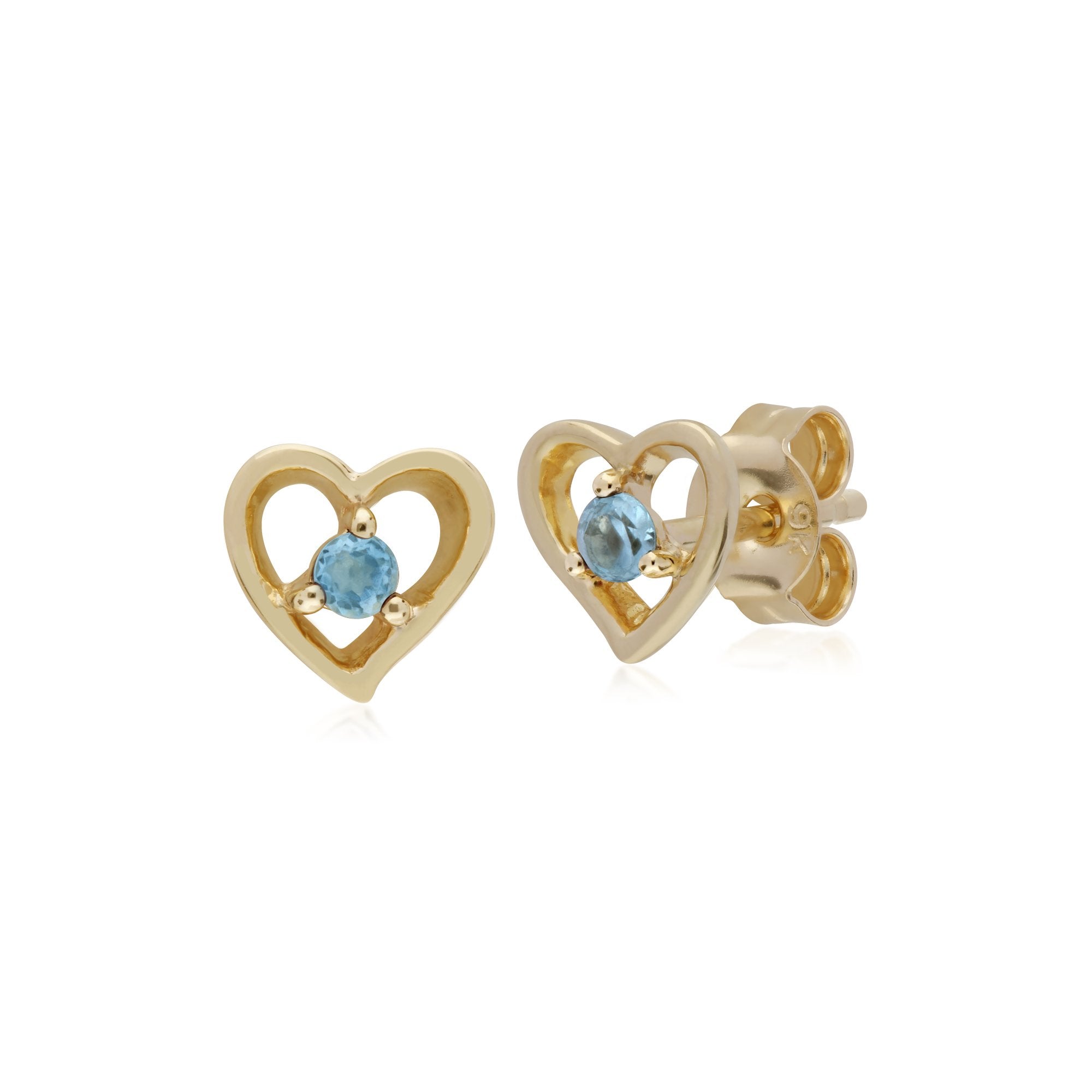 Classic Single Stone Round Aquamarine Open Love Heart Stud Earrings in 9ct Yellow Gold