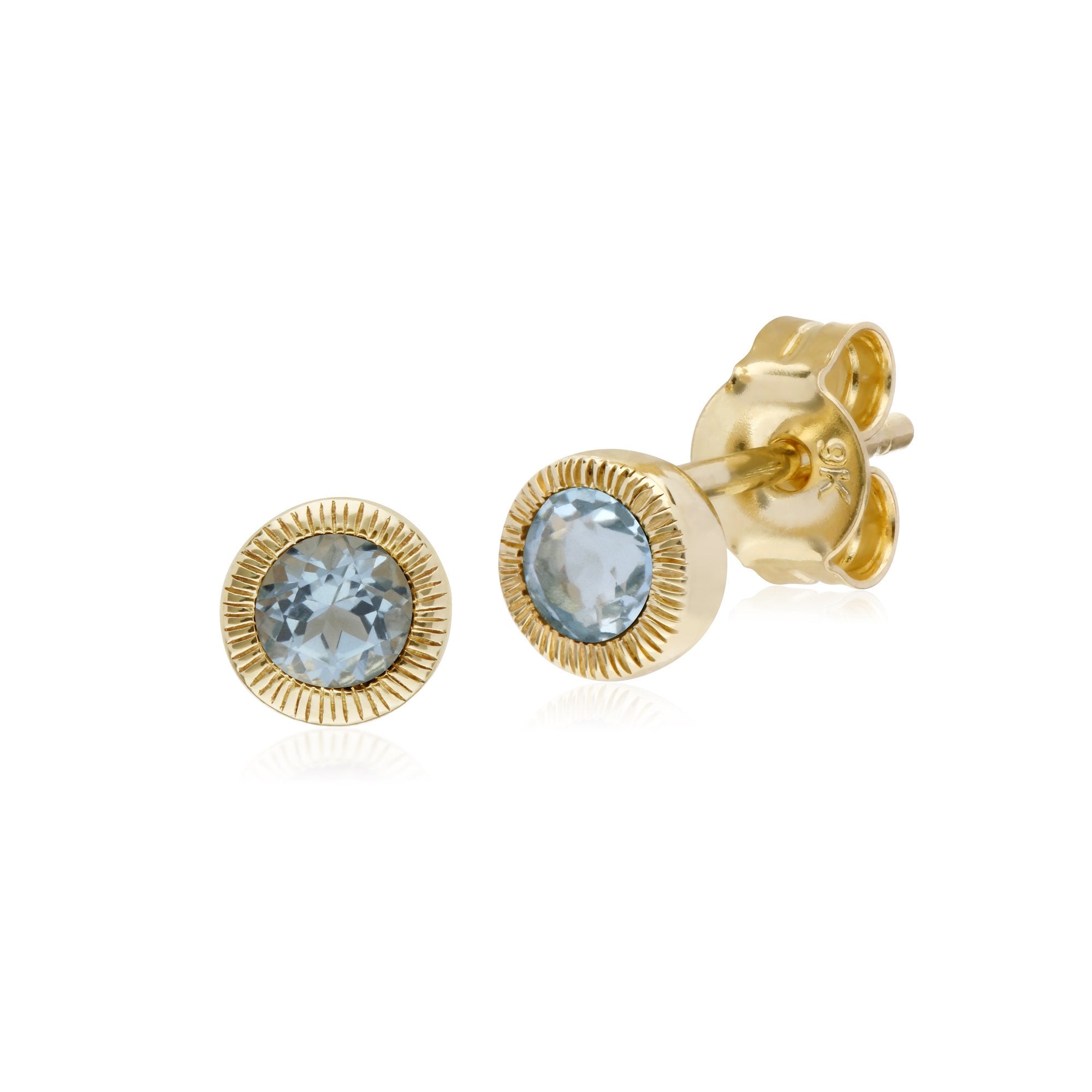 Classic Single Stone Round Aquamarine Milgrain Stud Earrings in 9ct Yellow Gold