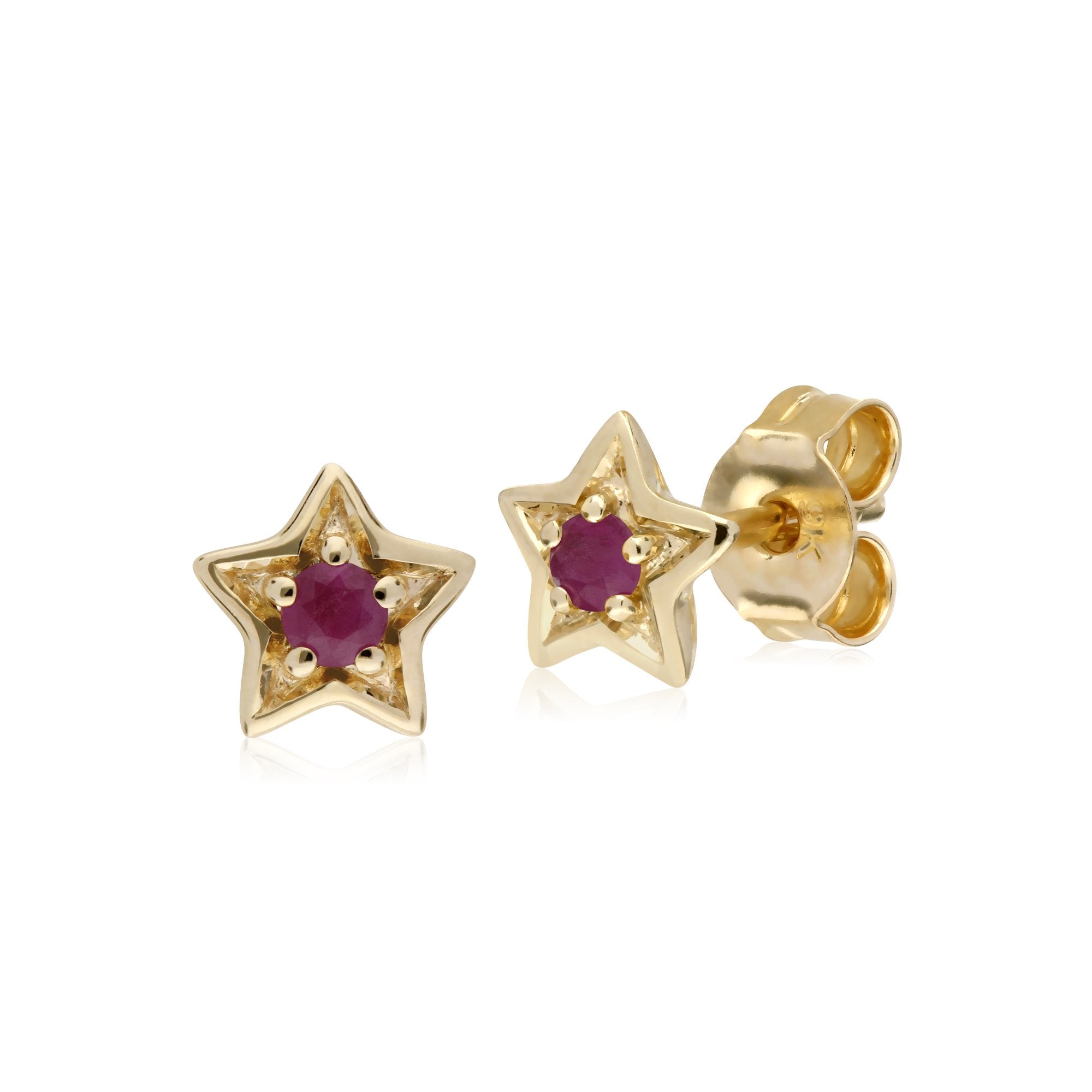 Classic Single Stone Round Ruby Star Stud Earrings in 9ct Yellow Gold