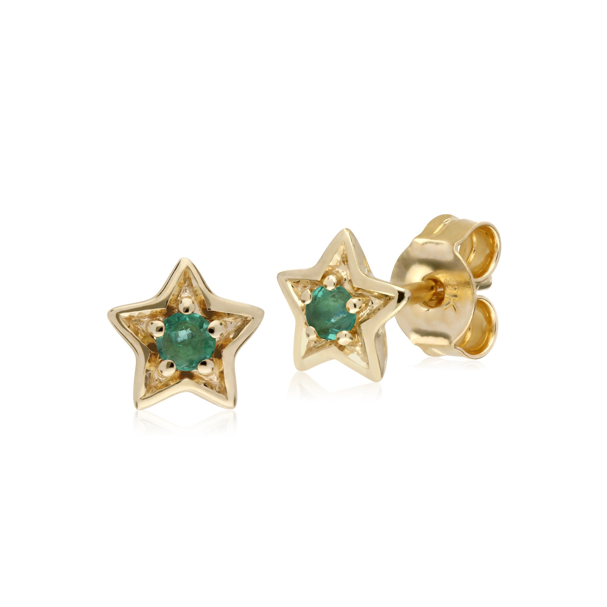 Classic Single Stone Round Emerald Star Stud Earrings in 9ct Yellow Gold