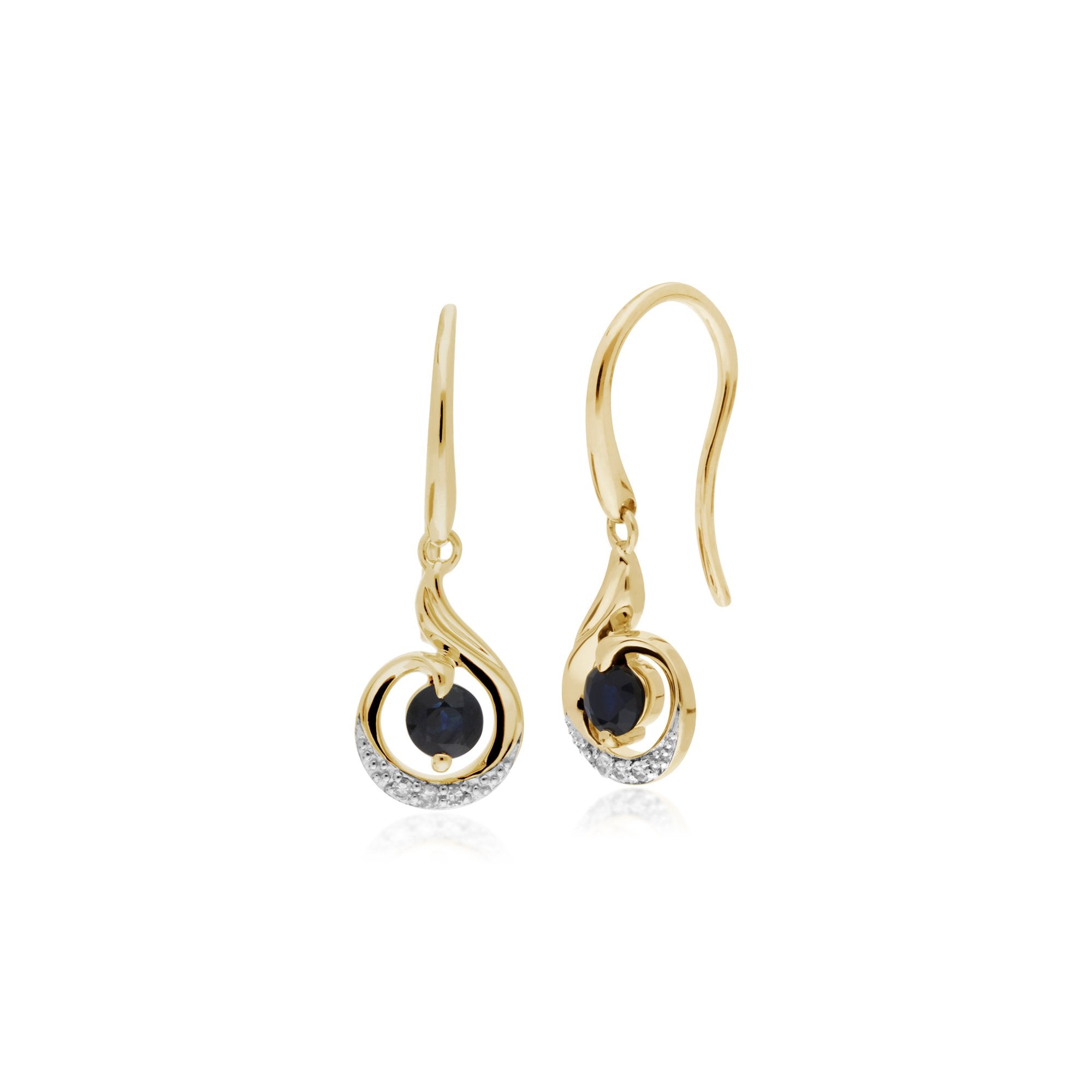 Classic Round Sapphire & Diamond Spiral Drop Earrings in 9ct Yellow Gold