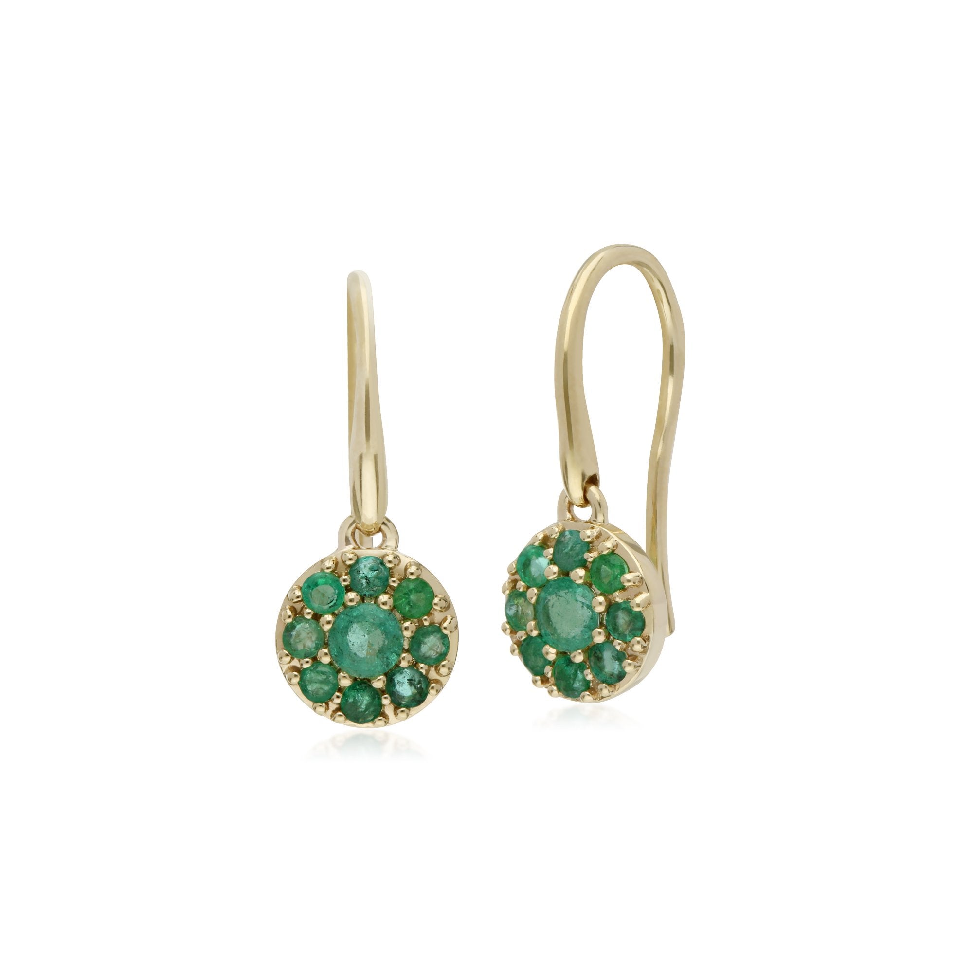 Cluster Round Emerald Circle Fish Hook Drop Earrings in 9ct Yellow Gold