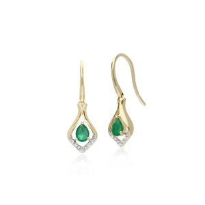 Classic Pear Emerald & Diamond Leaf Halo Drop Earrings in 9ct Yellow Gold
